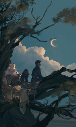 androgynous black_hair blonde_hair cloud cloudy_sky copyright_request crescent_moon from_behind gender_request highres ibuki_satsuki in_tree long_hair moon night short_hair sitting sitting_in_tree sky sleeping tree very_long_hair