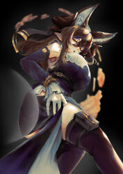 Rule 34 | 1girl, absurdres, animal ears, ass, black hair, black thighhighs, bracelet, breasts, closed eyes, commentary request, detached sleeves, galleon (granblue fantasy), granblue fantasy, hair between eyes, highres, jewelry, large breasts, likered7410, long hair, multicolored hair, parted lips, pointy ears, pouch, purple hair, solo, thigh pouch, thighhighs, two-tone hair, white background