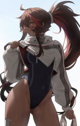 1girl arc2urus backlighting blue_leotard brown_hair clothes_lift commentary cowboy_shot cropped_hoodie dark-skinned_female dark_skin gauze gauze_on_leg gauze_on_nose highleg highleg_leotard highres hood hoodie hoodie_lift juliette_(omega_strikers) leotard lifting_own_clothes long_hair long_sleeves looking_to_the_side omega_strikers ponytail puffy_long_sleeves puffy_sleeves sleeves_past_wrists solo white_hoodie zipper zipper_pull_tab