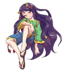 1girl alphes_(style) blue_shorts blush commentary_request cone_horns dairi flip-flops full_body green_shirt horn_ornament horn_ribbon horns large_variant_set long_hair long_sleeves nippaku_zanmu parody purple_hair ribbon sandals shirt shorts solo style_parody tachi-e tears touhou transparent_background variant_set wide_sleeves yellow_horns