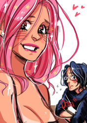 Rule 34 | 1boy, 1girl, blue hair, blush, digimon, digimon adventure 02, glasses, kido jo, lipstick, makeup, pink hair, tachikawa mimi