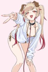 1girl animal_ear_piercing animal_ears bikini blonde_hair blush breasts cardigan commentary_request dog_ears dog_girl earrings extra_ears feet_out_of_frame floppy_ears gold_bikini gyaru_v hand_on_own_knee highres jewelry leaning_forward leash long_hair long_sleeves looking_at_viewer multicolored_hair nanashi_inc. none_(fan_774) open_cardigan open_clothes open_mouth orange_eyes pink_background red_hair seshima_rui single_earring small_breasts smile solo sweater swimsuit twintails two-tone_hair v virtual_youtuber white_sweater