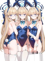 1girl absurdres animal_ear_hairband animal_ears aowow aqua_bow aqua_bowtie ass bag blonde_hair blue_archive blue_eyes blue_hair blue_leotard blush bow bowtie braid breasts cameltoe cleavage closed_mouth commentary_request commission covered_navel detached_collar earrings fake_animal_ears fake_tail glasses gluteal_fold groin hairband half_up_braid halo headset highres holding holding_bag jewelry leotard long_hair looking_at_viewer median_furrow multicolored_hair multiple_views official_alternate_costume pixiv_commission playboy_bunny rabbit_ear_hairband rabbit_ears rabbit_tail shoulder_blades simple_background small_breasts strapless strapless_leotard streaked_hair stud_earrings tail thigh_gap thighhighs toki_(blue_archive) toki_(bunny)_(blue_archive) transparent-framed_eyewear two-tone_hair v very_long_hair white_background white_thighhighs wrist_cuffs
