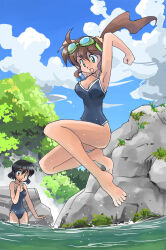2girls arms_up barefoot black_hair black_one-piece_swimsuit breasts brown_hair casual_one-piece_swimsuit cleavage cloud cloudy_sky commentary day full_body goggles goggles_on_head grass green_eyes highres jumping long_hair masuki multiple_girls one-piece_swimsuit open_mouth original outdoors ponytail rock short_hair sky standing swimsuit tree wading water