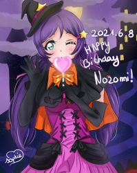 Rule 34 | 1girl, ;), aqua eyes, artist name, artist request, black bow, black cape, black capelet, black choker, black gloves, black ribbon, blush, bow, breasts, cape, capelet, castle, choker, cleavage, collarbone, cross-laced clothes, cross-laced dress, dancing stars on me!, dress, elbow gloves, female focus, frill trim, frilled dress, frilled skirt, frills, gloves, green eyes, hair between eyes, hair ornament, hair ribbon, hairclip, hand wave, hat, heart, holding, long hair, long twintails, looking at viewer, love live!, love live! school idol project, low twintails, mini hat, mini witch hat, moon, moonlight, night, night sky, one eye closed, orange cape, outdoors, parted lips, plaid clothes, plaid skirt, pleated, pleated skirt, purple dress, purple hair, purple ribbon, purple skirt, purple sky, ribbon, skirt, sky, small breasts, smile, solo, star (sky), star (symbol), star hair ornament, tojo nozomi, twintails, two-tone cape, white skirt, witch hat