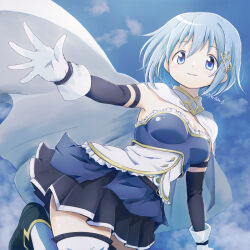 1girl blue_boots blue_dress blue_eyes blue_hair blue_skirt blue_sleeves boots breasts cape cleavage cloud cloudy_sky detached_collar detached_sleeves dress fortissimo frills gloves hair_ornament looking_at_viewer mahou_shoujo_madoka_magica mahou_shoujo_madoka_magica_(anime) miki_sayaka musical_note musical_note_hair_ornament open_hand peke_peke_s short_hair skirt sky smile thighhighs white_cape white_thighhighs