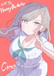 1girl aqua_neckerchief blue_eyes blush breast_pocket breasts ceras_yanagida_lilienfeld character_name cleavage closed_mouth collarbone commentary_request cowboy_shot dated dhuno_g dress fingers_to_cheeks grey_hair hair_ribbon happy_birthday hasu_no_sora_school_uniform highres large_breasts link!_like!_love_live! long_hair looking_at_viewer love_live! neckerchief no_dickey pink_ribbon pleated_dress pocket red_background ribbon sailor_collar school_uniform short_sleeves simple_background solo summer_uniform thighhighs virtual_youtuber white_dress white_sailor_collar