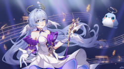 1girl absurdres aqua_hair bare_shoulders blush breasts cane cleavage collarbone dress feathered_wings feathers gloves green_eyes hair_between_eyes hair_intakes head_wings highres holding holding_cane honkai:_star_rail honkai_(series) hui_yu_yu_yu_ye long_hair looking_at_viewer medium_breasts musical_note robin_(honkai:_star_rail) sheet_music smile solo strapless strapless_dress utaite white_dress white_gloves wings