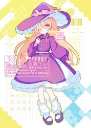 Rule 34 | 1girl, artist name, blonde hair, blush, bow, bright pupils, buttons, closed mouth, commentary request, crescent, crescent hat ornament, dress, frilled dress, frills, full body, grid background, hair over one eye, hand up, hat, hat bow, hat ornament, highres, kirisame marisa, kirisame marisa (pc-98), long hair, long sleeves, looking at viewer, puffy long sleeves, puffy sleeves, purple dress, purple hat, purple shoes, qr code, shirocha tei, shoes, socks, solo, standing, touhou, twitter username, watermark, white background, white pupils, white socks, witch hat, yellow bow, yellow eyes