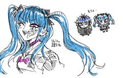 amemiya_darumi black_bow black_hair black_skirt blue_hair bow chibi collar ear_piercing eyepatch face_piercing heart japanese_clothes lip_piercing multicolored_hair omokage_yugamu one_eye_closed piercing pink_bow pink_collar pink_eyes shirt short_hair skirt striped_clothes striped_shirt the_hundred_line_-last_defense_academy- twintails upper_body white_background