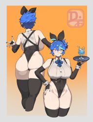 1girl ahoge ass bare_shoulders black_bow black_leotard blue_hair blue_nails blue_ribbon blush bow breasts chalice cup dif_(difman) difman drinking_glass elbow_gloves fingerless_gloves food fruit glass gloves gradient_background hair_bow hand_on_own_hip highleg highleg_leotard holding holding_plate large_breasts lemon lemon_slice leotard mole mole_under_eye multicolored_hair multiple_views neck_ribbon orange_background original plate reverse_cowgirl_position ribbon shirt sideboob smile solo straddling thick_thighs thighs two-tone_hair underboob white_shirt wide_hips wrist_cuffs yellow_eyes