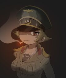 1girl black_cat03 breasts brown_eyes cigarette erwin_(girls_und_panzer) girls_und_panzer hat jacket military_hat military_uniform ooarai_school_uniform school_uniform serafuku smoke smoking