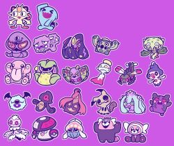 &gt;_&lt; :d amoonguss arbok bear_ringer bewear black_eyes bright_pupils cacnea carnivine chibi chimecho closed_mouth commentary_request creatures_(company) cubchoo dustox fang frillish frillish_(female) game_freak gen_1_pokemon gen_2_pokemon gen_3_pokemon gen_4_pokemon gen_5_pokemon gen_6_pokemon gen_7_pokemon gen_8_pokemon highres inkay lickitung looking_to_the_side looking_up mareanie meowth mime_jr. mimikyu morpeko morpeko_(hangry) nintendo no_humans open_mouth outline pokemon pokemon_(creature) pokemon_focus pumpkaboo purple_background seviper simple_background sitting smile standing team_rocket tongue tongue_out victreebel weezing white_pupils wobbuffet woobat yamask yanmega yellow_eyes