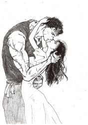 1boy 1girl berserk casca_(berserk) commentary_request cowboy_shot dress guts_(berserk) hug kame_(jeycobsry) long_hair looking_at_another narrow_waist profile scar scar_on_arm scar_on_face shirt short_sleeves simple_background sleeveless sleeveless_shirt