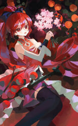 Rule 34 | 1girl, :d, absurdres, apple, black shirt, black sleeve cuffs, black thighhighs, blue bow, bow, branch, chest jewel, chinese commentary, collared dress, commentary request, detached sleeves, diamond cutout, dress, fang, feet out of frame, flower, food, frilled dress, frills, fruit, gem, grey sleeves, hair between eyes, hair bow, hand on own chest, hand up, high ponytail, highres, holding, holding flower, iinagi (kashiwa keira), leaf, long dress, long hair, looking at viewer, magical girl, mahou shoujo madoka magica, mahou shoujo madoka magica (anime), making-of available, miniskirt, open mouth, partial commentary, pink flower, ponytail, purple skirt, red background, red dress, red eyes, red gemstone, red hair, red theme, sakura kyoko, sakura kyoko (magical girl), shirt, skirt, skirt under dress, sleeveless, sleeveless dress, smile, solo, soul gem, thighhighs, very long hair