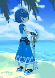 1girl absurdres black_shoes blue_eyes blue_gloves blue_hair blue_pants bright_pupils cloud commentary_request creatures_(company) day fingerless_gloves footprints game_freak gloves hairband highres holding holding_key key kingdom_hearts lana_(pokemon) looking_at_viewer nintendo no_sclera outdoors pants parted_lips pokemon pokemon_sm sand shirt shoes shore short_hair sky sleeveless sleeveless_shirt solo standing tyson_tan water white_pupils white_shirt yellow_hairband
