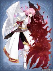 1boy :d angel_wings armor armored_boots asymmetrical_wings belt black_pants blue_background boots breastplate brown_belt claws copyright_name demon_horns eyes_in_shadow feathered_wings flaming_hand full_body gloves glowing glowing_eye greaves hair_between_eyes horns l_(matador) leaning_forward long_hair long_sleeves looking_at_viewer male_focus mismatched_wings multiple_wings open_hand open_mouth pandora_party_project pants pauldrons pelvic_curtain pink_hair poleyn red_eyes red_shirt red_wings sabaton sheath sheathed shirt shoulder_armor single_horn smile solo standing sword waist_cape weapon white_armor white_gloves white_wings wings