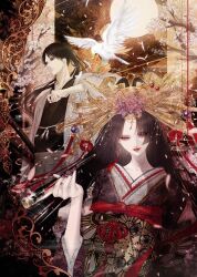 1boy 1girl bird black_hair black_shirt brown_hair collarbone colored_skin earrings eyeshadow falling_feathers feathers floral_background floral_print grey_skirt hair_ornament hand_up highres holding holding_smoking_pipe japanese_clothes jewelry katana kimono light_smile lipstick long_hair looking_at_viewer looking_to_the_side makeup mole mole_under_mouth parted_lips ponytail purple_kimono purple_nails red_eyes red_eyeshadow red_lips satsuki_kei second-party_source shirt short_hair single_earring skirt smoking_pipe sword tenshu_monogatari transparent_background weapon white_feathers white_skin