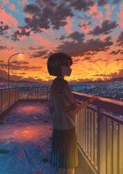 1girl black_hair black_sailor_collar black_skirt blue_sky bob_cut breasts bridge city city_lights cloud commentary_request evening gradient_sky highres large_breasts orange_sky original pasoputi pedestrian_bridge pleated_skirt railing sailor_collar scenery school_uniform shirt short_hair short_sleeves skirt sky solo standing sunset watch white_shirt wristwatch