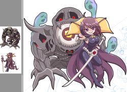 1girl ahoge amdarais black_bodysuit bodysuit breasts brown_hair cape commentary_request demon full_body ghost grin himmelmez holding holding_staff kuma_king large_breasts latex latex_bodysuit looking_at_viewer monster purple_cape purple_eyes ragnarok_online reference_inset shaded_face short_hair smile staff white_background