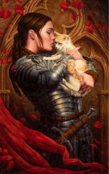 1girl animal armor brown_hair cat cuirass green_eyes hair_behind_ear highres holding holding_animal knight leaning_back looking_down michael_c_hayes oil_painting_(medium) original painting_(medium) parted_lips realistic sheath sheathed sidelocks solo sword traditional_media weapon