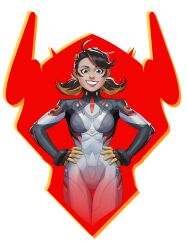 1girl absurdres black_bodysuit bodysuit breasts commentary grey_bodysuit hair_ornament hands_on_own_hips highres inkarat looking_at_viewer marvel marvel_rivals mecha_pilot_suit multicolored_hair peni_parker silhouette smile solo sp//dr spider-man_(series) spider-verse standing streaked_hair twintails two-tone_bodysuit