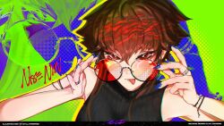 1girl black_sweater blue_nails bracelet brown_hair glasses highres jewelry looking_at_viewer looking_over_eyewear red-tinted_eyewear red_eyes ribbed_sweater ring round_eyewear short_hair sleeveless sleeveless_sweater solo sunglasses sweater tinted_eyewear tongue tongue_out zyllypepper