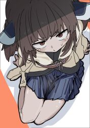 Rule 34 | 1girl, absurdres, animal ears, blue skirt, brown eyes, brown hair, from above, highres, japanese clothes, kimono, looking at viewer, looking up, masshutake, no shoes, obi, on floor, sash, short kimono, sidelocks, skirt, solo, staring, sweatdrop, tabi, textless version, touhoku kiritan, two side up, voiceroid, white kimono