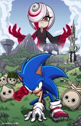 absurdres artist_request blue_fur cybernetic elder_koco giganto_(sonic_frontiers) gloves grass grey_hair hermit_koco highres kneeling koco_(sonic) sage_(sonic) scrimblocrimbo shoes socks sonic_(series) sonic_frontiers sonic_the_hedgehog