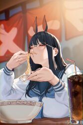 1girl animal_ears black_hair bowl breasts chopsticks closed_eyes condensation cup drinking_glass drinking_straw eating food glasses highres holding holding_chopsticks holding_spoon horse_ears large_breasts long_hair long_sleeves noodles original ramen sadkoe sailor_collar school_uniform serafuku soda solo soup spoon upper_body