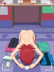 1girl battery_indicator black_thighhighs blue_vest blurry blurry_background blush bow bow_panties bra commentary_request commission completely_nude depth_of_field dogeza flat_chest full_body green_bra green_panties green_shirt highres livestream loli long_hair long_sleeves mayl_sakurai_(mega_man) mega_man_(series) mega_man_battle_network_(series) miniskirt naked_dogeza nude panties pee_stain pink_skirt red_hair shirt skeb_commission skirt solo stained_panties stupa13a thighhighs training_bra underwear unworn_bra unworn_panties unworn_shirt unworn_skirt unworn_thighhighs unworn_vest variant_set vest viewfinder