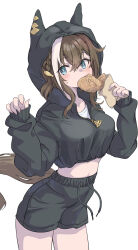 1girl absurdres alternate_costume blush braid breasts cheval_grand_(umamusume) commentary_request eating food hair_between_eyes hair_ornament highres horse_girl looking_at_viewer midriff navel nazmocha open_mouth shorts solo umamusume white_background