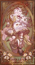 Rule 34 | 1girl, absurdres, apron, braid, braided sidelocks, brown background, closed umbrella, dress, english text, flower, flower over eye, frills, front braid, full body, gradient hair, half up braid, hat, highres, holding, horns, instrument, lao muyu, long hair, long sleeves, looking at viewer, multicolored hair, nightcap, original, red flower, red hair, red rose, rose, shoes, socks, solo, standing, standing on one leg, suitcase, umbrella, wavy hair, white apron, white flower, white hair
