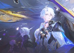 Rule 34 | 3boys, antenna hair, armor, black choker, black shirt, blue cape, blue eyes, cape, choker, hashtag-only commentary, highres, honkai: star rail, honkai (series), looking to the side, male focus, multiple boys, parted bangs, parted lips, pauldrons, phainon (honkai: star rail), portrait, renjian shilian, shirt, short hair, shoulder armor, single pauldron, time paradox, white hair