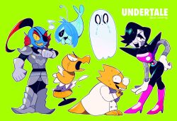 2girls 3boys alphys androgynous armor black_hair closed_eyes copyright_name creature crying crying_with_eyes_open dummy fish ghost glasses gloves green_background highres kanianoreki looking_at_viewer mad_dummy_(undertale) mettaton mettaton_ex multiple_boys multiple_girls napstablook open_mouth robot shyren simple_background tears undertale undyne