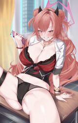 Rule 34 | 1girl, bead bracelet, beads, black panties, blue archive, blush, bra, bracelet, cellphone, commentary request, demon girl, demon horns, double bun, esto 0079, grin, gyaru, hair between eyes, hair bun, highres, holding, holding phone, horns, jewelry, kirara (blue archive), londom (lonhomewell), looking at viewer, multiple bracelets, no pants, open clothes, open shirt, panties, phone, pink eyes, pink hair, red bra, shirt, sidelocks, smartphone, smile, solo, thigh strap, underwear, white shirt