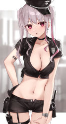 1girl barcode barcode_tattoo black_choker black_gloves black_hat black_shirt black_shorts blurry breasts buttons choker cleavage collarbone cowboy_shot crop_top depth_of_field dress_shirt duplicate earrings garter_straps gloves groin hand_on_own_hip hat highres holster jewelry kanju large_breasts long_hair looking_at_viewer micro_shorts midriff mole mole_under_eye multicolored_hair navel no_bra open_fly original panties panty_peek parted_lips peaked_cap pink_eyes pink_panties police police_badge police_hat police_uniform policewoman pouch shirt short_shorts short_sleeves shorts shoulder_tattoo sidelocks silver_hair solo standing stomach streaked_hair tattoo thigh_strap thighs twintails underwear watch wristwatch
