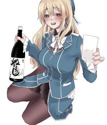 1girl asyuri atago_(kancolle) beret black_pantyhose black_skirt blonde_hair blue_eyes blue_hat blue_jacket blush bottle breasts glass hat highres jacket kantai_collection large_breasts long_hair military_uniform nose_blush pantyhose sake_bottle simple_background skirt solo white_background