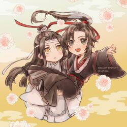 2boys ahoge black_boots black_hair black_hanfu blush boots brown_hair carrying chibi chibi_only chinese_clothes closed_mouth cloud cloudy_sky couple floating floating_hair flower grey_eyes hair_ribbon hanfu headband highres lan_wangji long_hair long_sleeves looking_at_viewer male_focus modao_zushi multiple_boys open_mouth outstretched_arm pink_flower ponytail red_ribbon ribbon sash sidelocks sky smile topknot twitter_username w2biiro watermark wei_wuxian white_hanfu white_headband wide_sleeves xiao_guan_(headdress) yaoi yellow_eyes yellow_sky