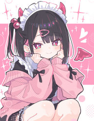 1girl absurdres attaka_tea black_dress black_hair black_ribbon blush bright_pupils cardigan closed_mouth colored_inner_hair demon_girl demon_horns demon_wings detached_wings dress earrings feet_out_of_frame frills hair_bobbles hair_ornament hairclip hands_on_own_cheeks hands_on_own_face heart heart_earrings highres horns jacket jewelry long_sleeves looking_at_viewer maid maid_headdress medium_hair mini_wings multicolored_hair off_shoulder one_side_up open_cardigan open_clothes open_jacket original pink_cardigan pink_eyes pink_hair pink_jacket polka_dot red_eyes ribbon sleeves_past_wrists smile solo sparkle squatting streaked_hair two-tone_hair white_pupils wings