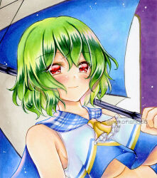 1girl alternate_costume ascot bare_shoulders blue_umbrella breasts cheerleader commentary_request green_hair holding holding_umbrella kazami_yuuka kazami_yuuka_(cheerleader_of_the_four_seasons) large_breasts looking_at_viewer marker_(medium) nekofish666 red_eyes short_hair solo touhou touhou_lostword traditional_media twitter_username two-tone_umbrella umbrella underboob upper_body white_umbrella yellow_ascot