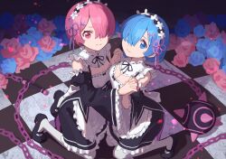 anima_(user_fvda5458) ball_and_chain_(weapon) blue_eyes blue_flower blue_hair breasts chain checkered_floor cleavage commentary_request detached_sleeves female_focus flower frilled_sleeves frills hair_ornament hair_over_one_eye hair_ribbon holding_hands kneeling looking_at_viewer maid maid_headdress matching_hair/eyes medium_breasts petals pink_eyes pink_flower pink_hair pink_ribbon purple_ribbon ram_(re:zero) re:zero_kara_hajimeru_isekai_seikatsu rem_(re:zero) ribbon ribbon-trimmed_clothes ribbon_trim roswaal_mansion_maid_uniform short_hair siblings sisters spike_ball spiked_ball_and_chain twins weapon x_hair_ornament