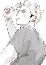 1boy arm_up chanko_neru closed_mouth commentary earrings facial_hair greyscale haikyuu!! hair_slicked_back jewelry looking_at_viewer male_focus monochrome multicolored_hair multiple_earrings piercing shirt short_hair short_sleeves sideburns sideburns_stubble simple_background solo stubble symbol-only_commentary t-shirt two-tone_hair ukai_keishin upper_body v white_background