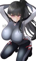 Rule 34 | 1girl, absurdres, black hair, blue archive, bodysuit, commentary, english commentary, highres, kneeling, long hair, no halo, ponytail, quelang, red eyes, ringed eyes, rio (blue archive), rio (bodysuit) (blue archive), simple background, solo, white background