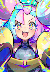 +_+ 1girl aqua_hair artist_name bare_shoulders bow-shaped_hair character_hair_ornament chromatic_aberration collarbone creatures_(company) game_freak gen_1_pokemon grey_shirt hair_ornament hexagon_print highres iono_(pokemon) jacket light_blush long_sleeves looking_at_viewer magnemite multicolored_hair naoto_(yandereheaven) nintendo open_mouth oversized_clothes pink_eyes pink_hair pixiv_id pokemon pokemon_sv sharp_teeth shirt signature sleeveless sleeveless_shirt sleeves_past_fingers sleeves_past_wrists solo sparkle split-color_hair teeth twitter_username two-tone_hair v-shaped_eyebrows very_long_sleeves wide_sleeves x yellow_jacket