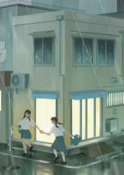 Rule 34 | . ., 2girls, absurdres, awning, bag, black hair, black shoes, blush, building, collared shirt, commentary request, day, foot up, green bag, green skirt, highres, holding, holding bag, holding hands, holding towel, jitome, long hair, manhole cover, multiple girls, no socks, open mouth, original, outdoors, purple eyes, rain, raised inner eyebrows, reflective surface, road, scenery, school bag, school uniform, shirt, shoes, short sleeves, skirt, smile, socks, takosu (126312631), towel, twintails, walking, white shirt, white socks, wide shot, window light, wing collar