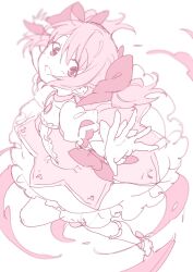 1girl arched_back ayumaru_(art_of_life) blurry_edges bobby_socks bow breasts bubble_skirt center_frills chest_jewel choker collarbone doily dot_nose facing_viewer floating_hair foreshortening frilled_skirt frilled_sleeves frills full_body gloves hair_between_eyes hair_ribbon happy head_back highres kaname_madoka kaname_madoka_(magical_girl) knee_up light_blush light_smile limited_palette mahou_shoujo_madoka_magica mahou_shoujo_madoka_magica_(anime) open_mouth outstretched_arms pale_color pastel_colors pink_bow pink_choker pink_eyes pink_hair pink_ribbon pink_theme puffy_short_sleeves puffy_sleeves ribbon short_sleeves short_twintails sidelocks sideways_glance simple_background skirt small_breasts smoke socks solo soul_gem spread_arms square_neckline standing standing_on_one_leg swept_bangs tareme twintails waist_bow white_background white_gloves white_skirt white_theme