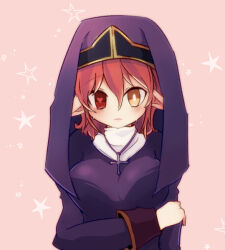 1girl arm_under_breasts breasts closed_mouth commentary_request cross cross_necklace dress expressionless heart heart-shaped_pupils heterochromia jewelry juliet_sleeves large_breasts long_sleeves looking_at_viewer medium_hair mismatched_pupils necklace orange_hair pink_background pochiko_(poteko) priest_(ragnarok_online) puffy_sleeves purple_coif purple_dress ragnarok_online red_eyes solo symbol-shaped_pupils upper_body yellow_eyes