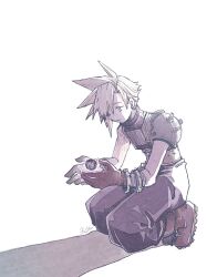 1boy armor artist_name baggy_pants bandaged_arm bandages blonde_hair blue_pants boots brown_boots brown_gloves cloud_strife earrings final_fantasy final_fantasy_vii full_body gloves jewelry kneeling looking_at_object male_focus materia michibata_65 pants parted_lips pauldrons short_hair shoulder_armor signature single_bare_shoulder single_earring single_pauldron sleeveless sleeveless_turtleneck solo spiked_hair suspenders turtleneck white_background