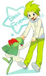 Rule 34 | 1boy, :d, buttons, collared shirt, colored skin, commentary request, full body, gen 3 pokemon, green hair, green pants, green skin, grey eyes, holding hands, kirlia, long sleeves, multicolored skin, nintendo, no feet, open mouth, pants, pokemon, pokemon (creature), pokemon rse, red eyes, shirt, shoes, short hair, smile, standing, standing on one leg, star (symbol), teeth, two-tone skin, ucchii, upper teeth only, wally (pokemon), white shirt, white shoes, white skin